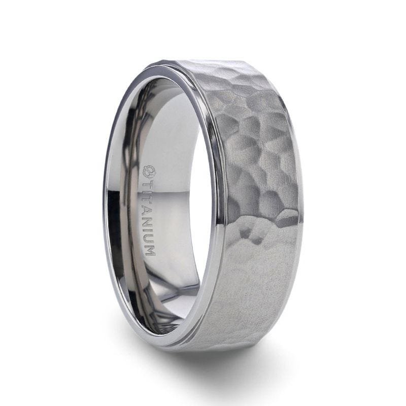 Thorsten MINISTER Titanium Ring with Raised Hammered Finish and Polished Step Edges - 8mm Thorsten MINISTER Titanium Ring with Raised Hammered Finish and Polished Step Edges - 8mm