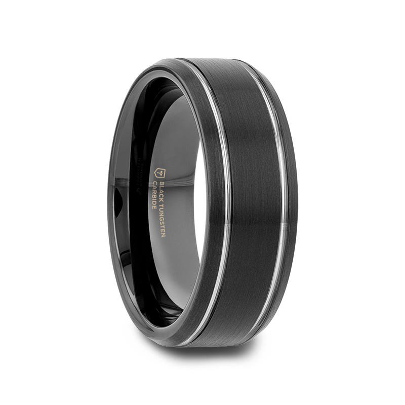 Thorsten NOCTURNE Black Beveled Tungsten Carbide Band with Polished Grooves and Brushed Finish - 6mm or 8mm Thorsten NOCTURNE Black Beveled Tungsten Carbide Band with Polished Grooves and Brushed Finish - 6mm or 8mm