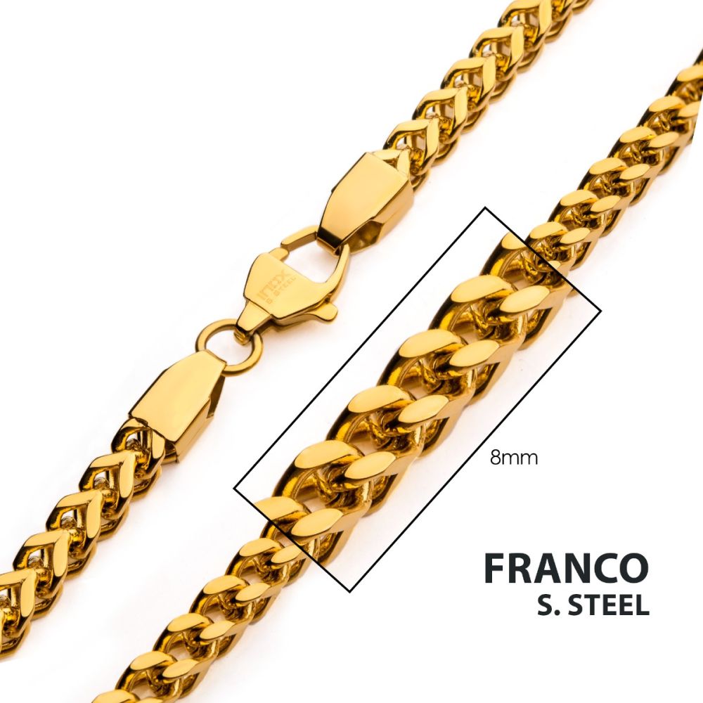 INOX Jewelry 8mm 18Kt Gold IP Franco Chain Necklace NSTC0708G