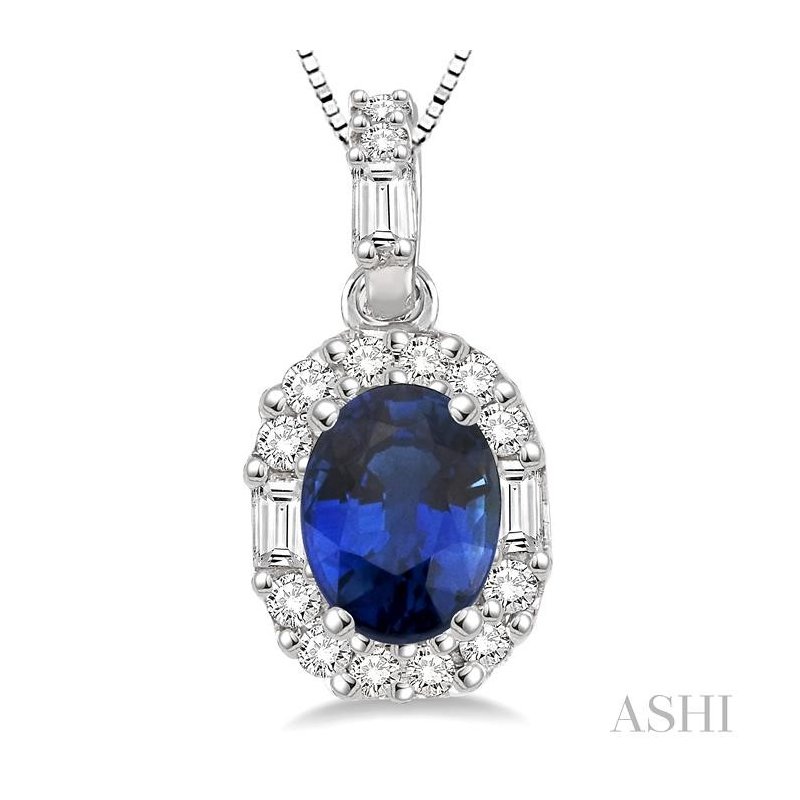 6 x 8 MM Blue hot Sapphire Oval Shape Halo Pendant Necklace with 18 Inch 925 Sterling Silver Chain | Wedding Gift | Gift For Her | Gems Barn