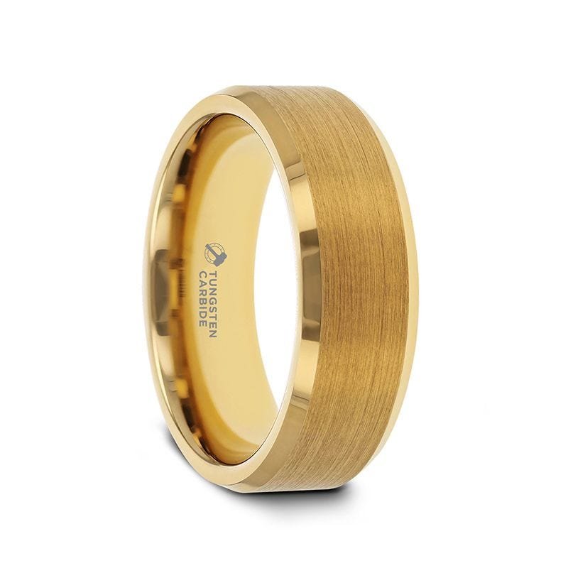 Thorsten HONOR Gold-Plated Tungsten Beveled Polished Edges Flat Ring with Brushed Center - 6mm & 8mm Thorsten HONOR Gold-Plated Tungsten Beveled Polished Edges Flat Ring with Brushed Center - 6mm & 8mm