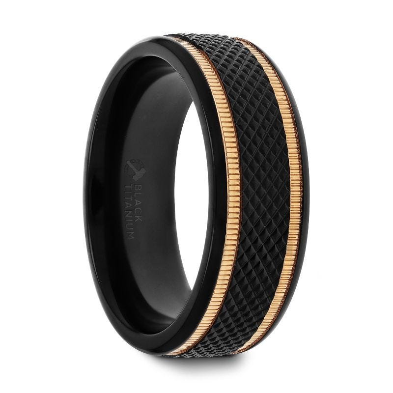Thorsten BAROQUE Black Titanium Diamond Pattern Brushed Finish Men’s Wedding Ring with Gold Milgrain Grooves – 8mm Thorsten BAROQUE Black Titanium Diamond Pattern Brushed Finish Men’s Wedding Ring with Gold Milgrain Grooves – 8mm