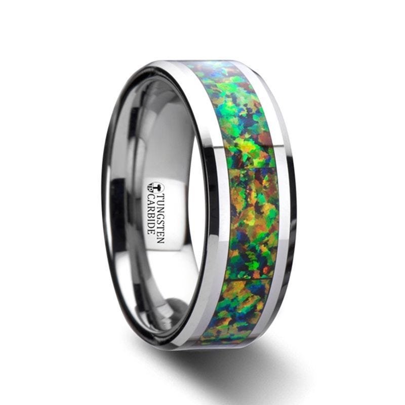 Thorsten ETHEREAL Tungsten Carbide Ring with Blue & Orange Opal Inlay - 8mm Thorsten ETHEREAL Tungsten Carbide Ring with Blue & Orange Opal Inlay - 8mm