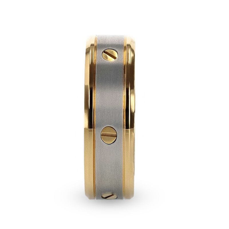 Thorsten BOUNDLESS Gold-Plated Titanium Flat Brushed Center With Rotating Screw Design And Beveled Polished Edges - 8mm Thorsten BOUNDLESS Gold-Plated Titanium Flat Brushed Center With Rotating Screw Design And Beveled Polished Edges - 8mm