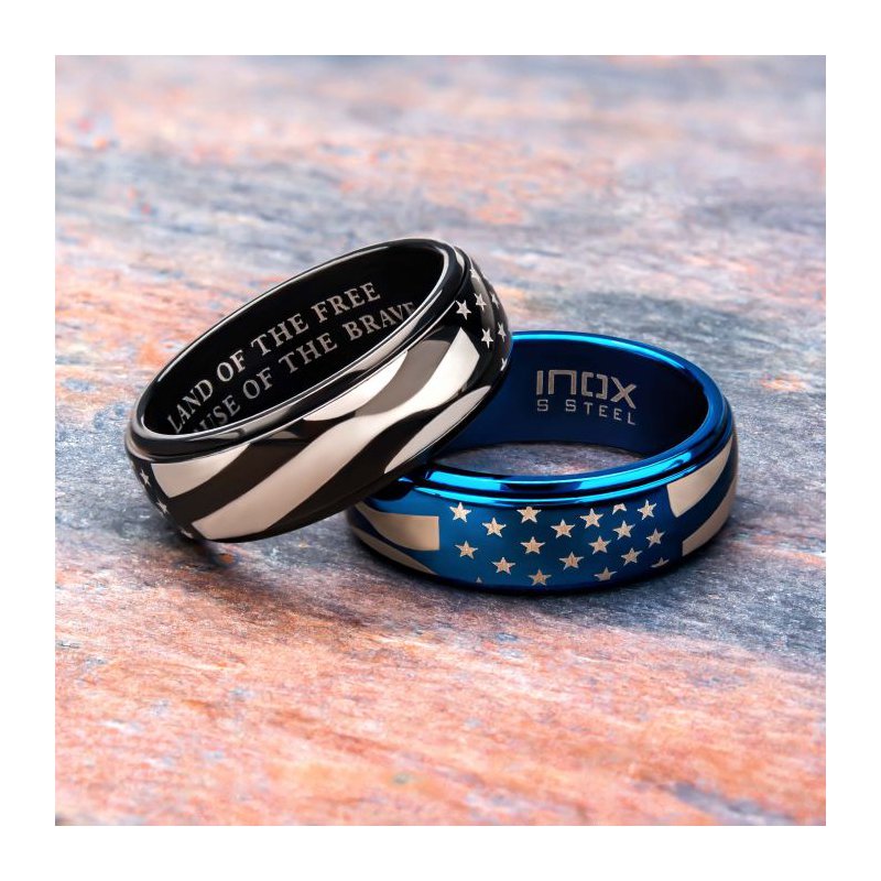 INOX Jewelry Black IP Steel American Flag Spinner Ring FR2107OP