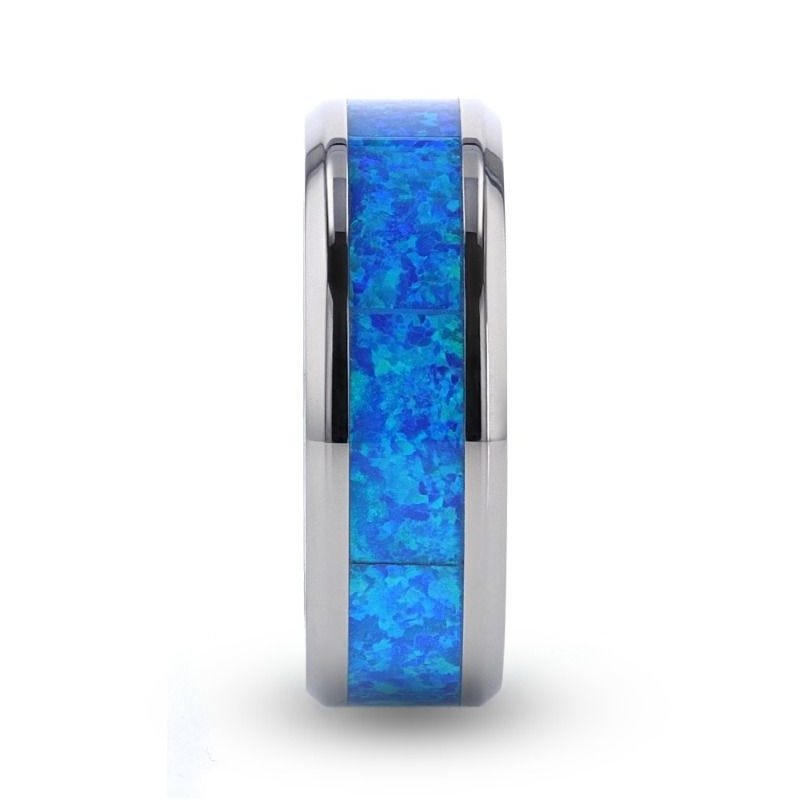 Thorsten GALAXY Titanium Polished Beveled Edge with Blue Green Opal Inlay Ring- 8 mm Thorsten GALAXY Titanium Polished Beveled Edge with Blue Green Opal Inlay Ring- 8 mm