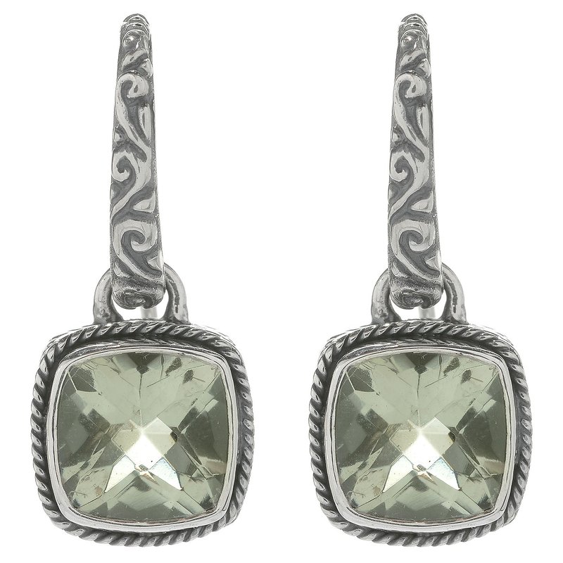 STERLING SILVER SQUARE FLORAL EARRINGS W/ GREEN AMETHYST CENTER
