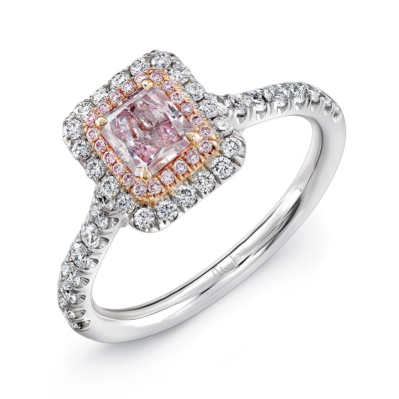 Uneek Radiant-Cut Pink Diamond Engagement Ring with Pink Diamond Inner Halo  and White Diamond Outer Halo - Main Image