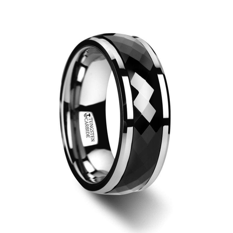 HICKOK Polished Diamond Faceted Black Ceramic Spinner Ring with Beveled Edges 8mm