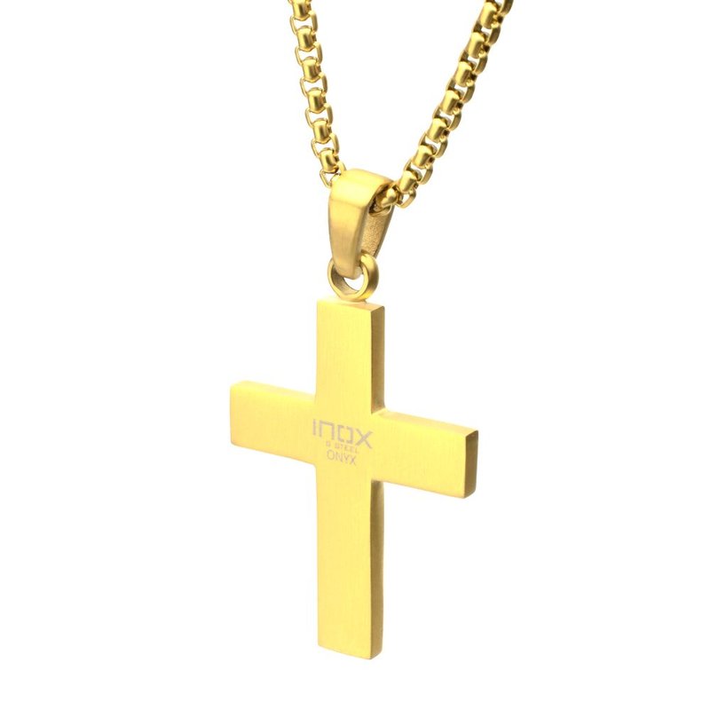 INOX Jewelry 18Kt Gold IP Matte Finish Steel Black Onyx Stone