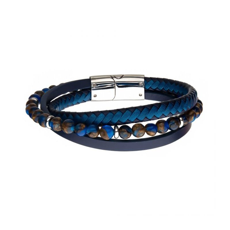 INOX Jewelry Pietersite Beads with Blue Full Grain Cowhide Leather
