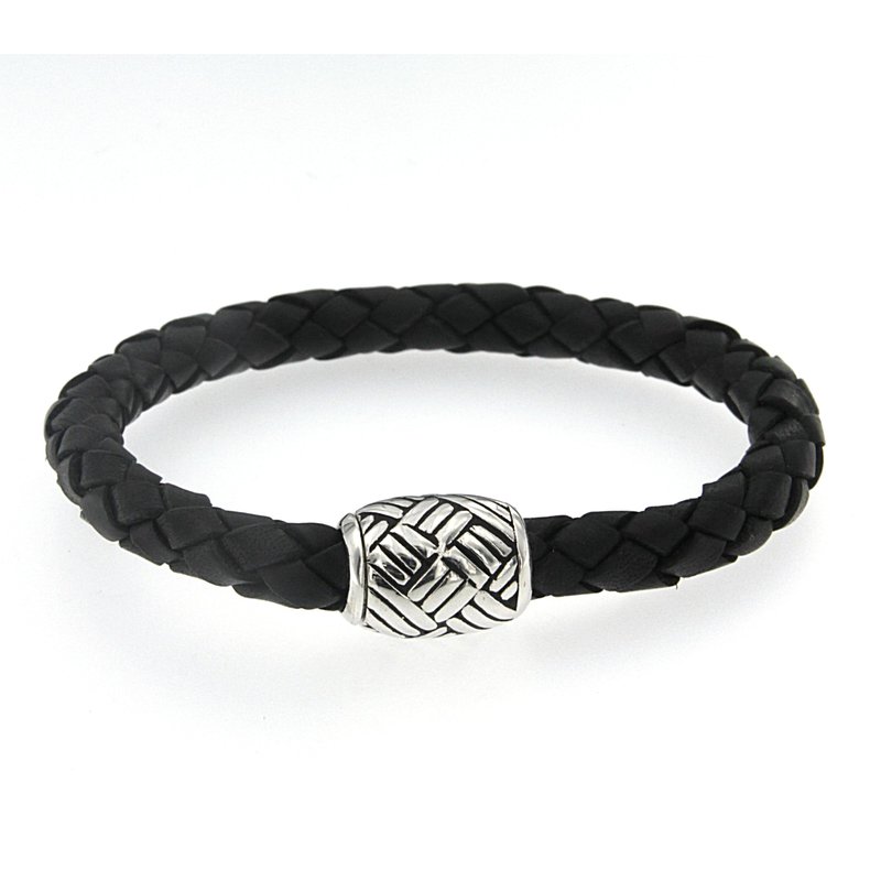 Samuel B STERLING SILVER WOVEN DESIGN BLACK LEATHER BRACELET