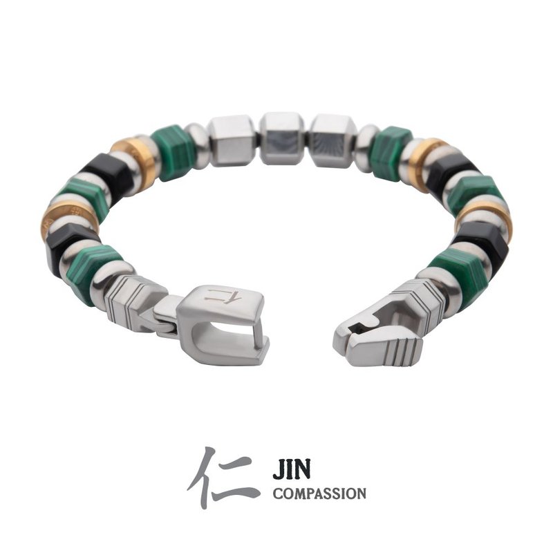 INOX Jewelry 8mm Steel, Malachite and Onyx Beads Bushido Bracelet