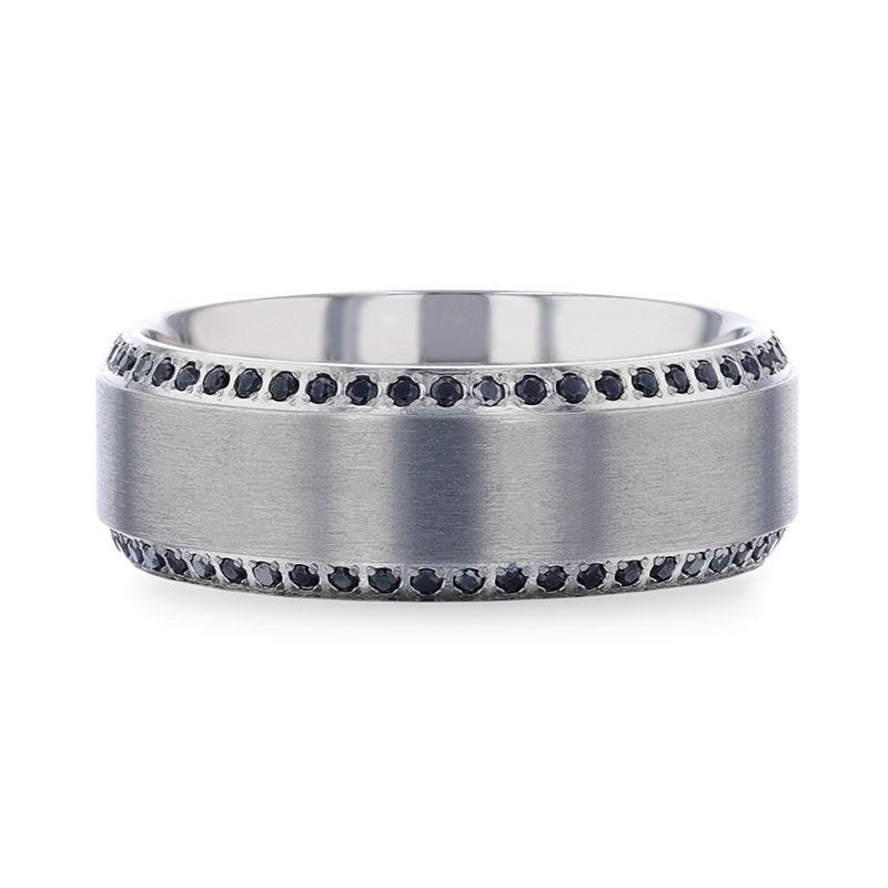 Thorsten CHAMPION Flat Brushed Center Titanium Men's Wedding Band with Black Sapphire Polished Beveled Edges - 8mm Thorsten CHAMPION Flat Brushed Center Titanium Men's Wedding Band with Black Sapphire Polished Beveled Edges - 8mm