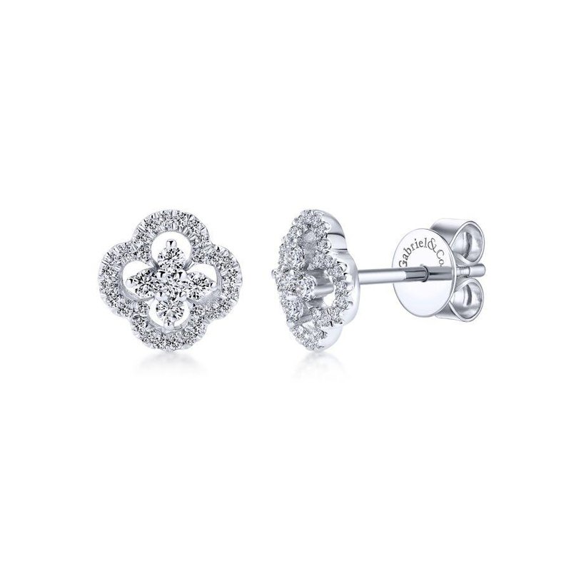 Gabriel Fashion 14K White Gold Clover Cutout Diamond Stud Earrings