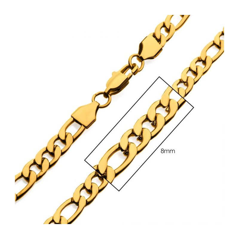 INOX Jewelry 8mm 18Kt Gold IP Figaro Chain Necklace