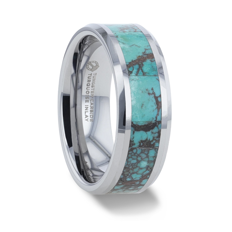 Thorsten TURKIS Turquoise Spider Web Inlay Tungsten Carbide ring with Beveled Polished Edges - 8mm Thorsten TURKIS Turquoise Spider Web Inlay Tungsten Carbide ring with Beveled Polished Edges - 8mm