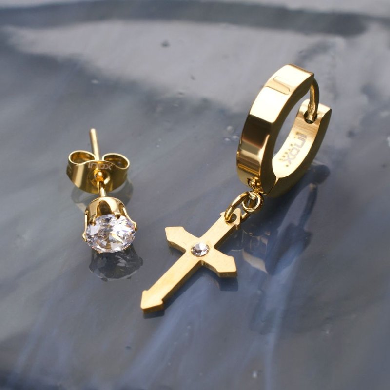 INOX Jewelry Gold IP Dangling Cross with CZ Huggie & Prong Set CZ
