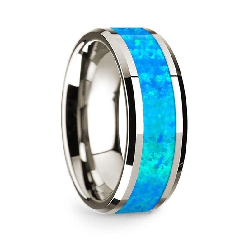 Thorsten 14k White Gold Polished Beveled Edges Wedding Ring with Blue Opal Inlay - 8 mm Thorsten 14k White Gold Polished Beveled Edges Wedding Ring with Blue Opal Inlay - 8 mm