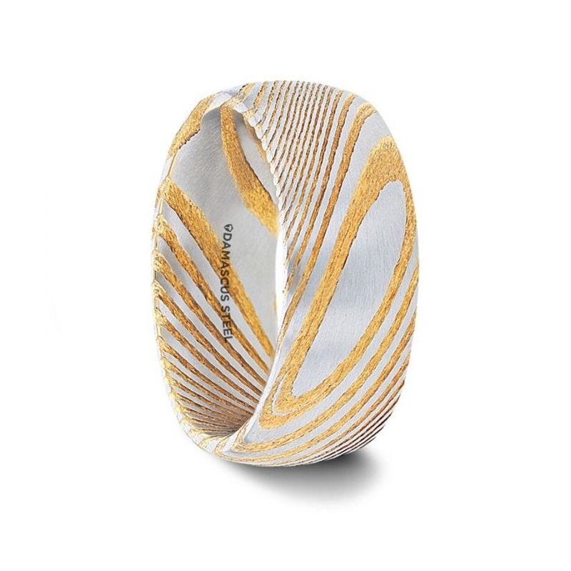 Thorsten CERSEI Gold Domed Brushed Damascus Steel Men’s Wedding Band with Vivid Etched Design - 6mm & 8mm Thorsten CERSEI Gold Domed Brushed Damascus Steel Men’s Wedding Band with Vivid Etched Design - 6mm & 8mm