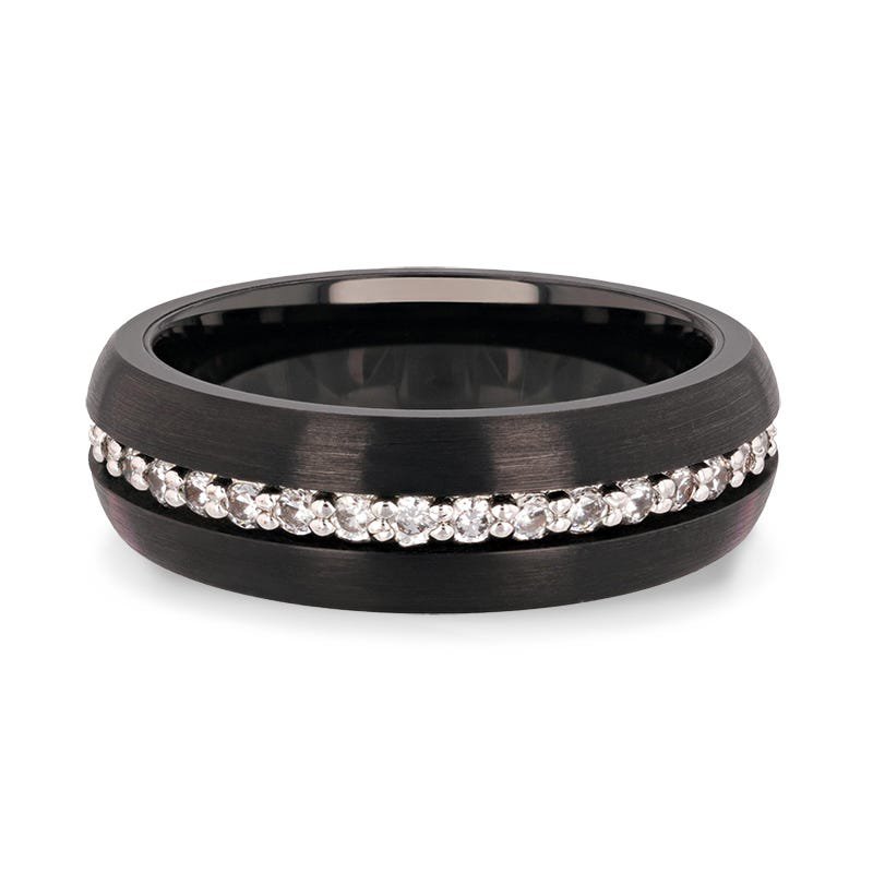 Thorsten TSAR Black Tungsten Carbide Ring Domed Brushed Finish White Sapphires - 8mm Thorsten TSAR Black Tungsten Carbide Ring Domed Brushed Finish White Sapphires - 8mm