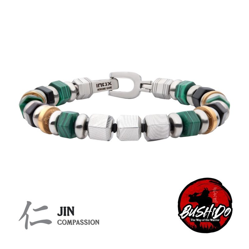INOX Jewelry 8mm Steel, Malachite and Onyx Beads Bushido Bracelet