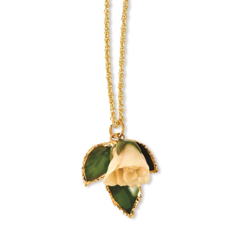 Lacquer Dipped 24k Gold Trim Real Cream & Pink Rose with Leaf Necklace