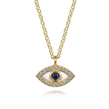 14K Yellow Gold Diamond and Sapphire Evil-Eye Pendant Necklace with White Enamel NK7438E9Y45SA
