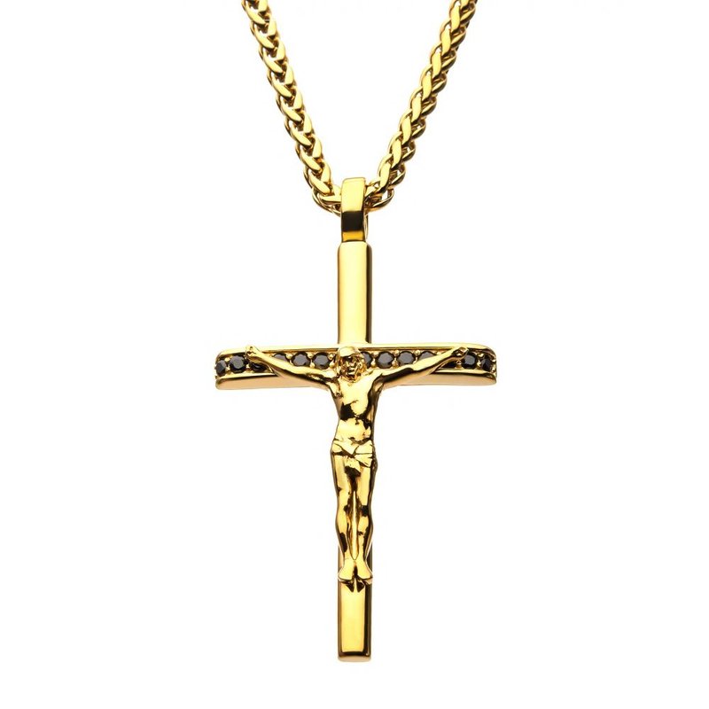 INOX Jewelry Stainless Steel Gold IP with Black CZ Jesus Christ