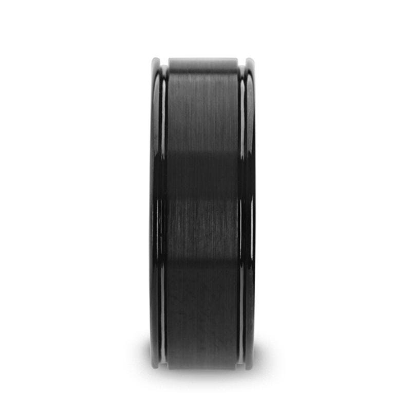 Thorsten TURNER Flat Brushed Finish Center Black Tungsten Carbide Wedding Band with Dual Offset Grooves and Polished Edges - 6mm & 8mm Thorsten TURNER Flat Brushed Finish Center Black Tungsten Carbide Wedding Band with Dual Offset Grooves and Polished Edges - 6mm & 8mm