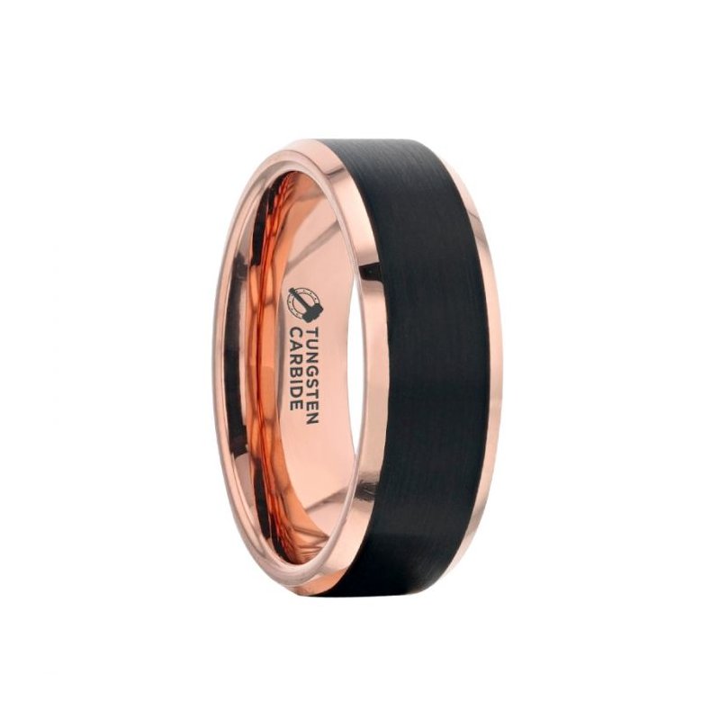 Thorsten HAYDEN Rose Gold Plated Tungsten Polished Beveled Ring with Brushed Black Center - 6mm & 8mm Thorsten HAYDEN Rose Gold Plated Tungsten Polished Beveled Ring with Brushed Black Center - 6mm & 8mm