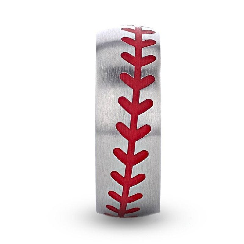 Thorsten DIMAGGIO Titanium Brushed Finish Ring with Red Baseball Stitching Pattern - 8mm Thorsten DIMAGGIO Titanium Brushed Finish Ring with Red Baseball Stitching Pattern - 8mm