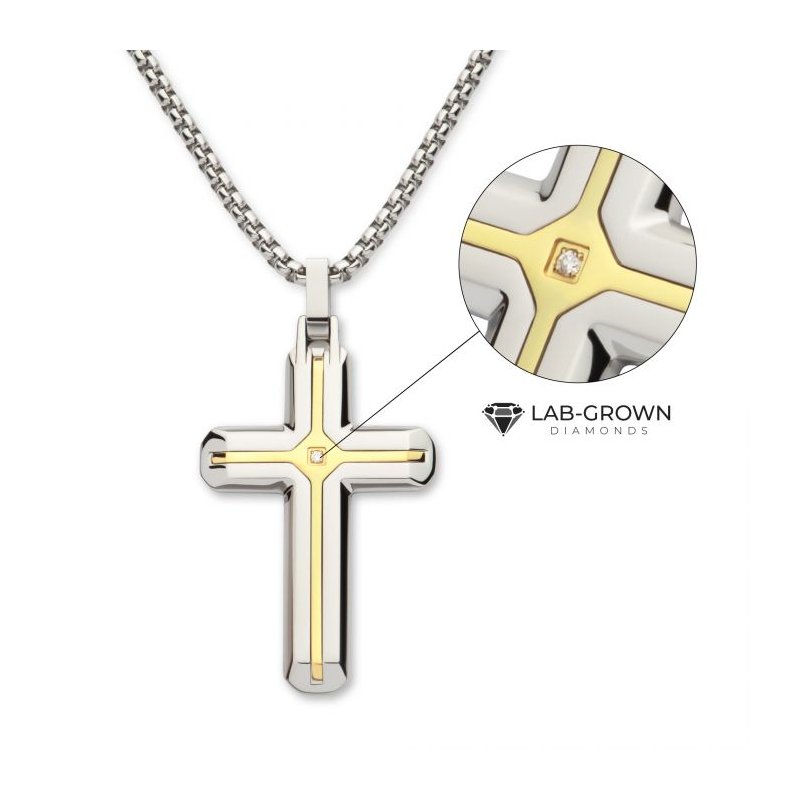 INOX Jewelry 18Kt Gold IP Steel Two Tone Solitaire Accented Clear