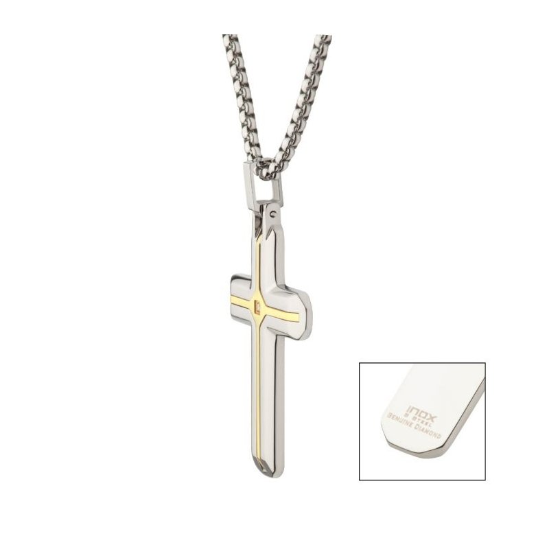 INOX Jewelry 18Kt Gold IP Steel Two Tone Solitaire Accented