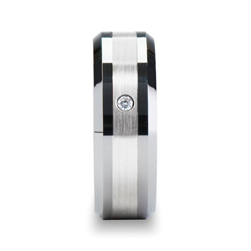 Thorsten LAURENT Platinum Inlaid Beveled Tungsten Ring with Diamond - 8mm Thorsten LAURENT Platinum Inlaid Beveled Tungsten Ring with Diamond - 8mm