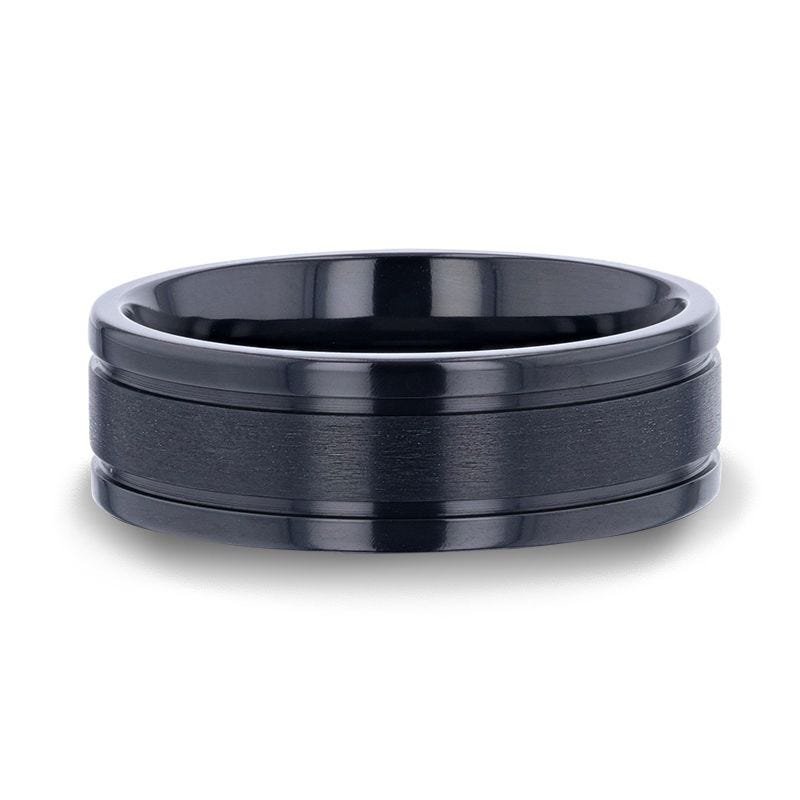 Thorsten WOLVERINE Brushed Center Black Titanium Men's Wedding Band With Polished Dual Offset Grooves - 8mm Thorsten WOLVERINE Brushed Center Black Titanium Men's Wedding Band With Polished Dual Offset Grooves - 8mm