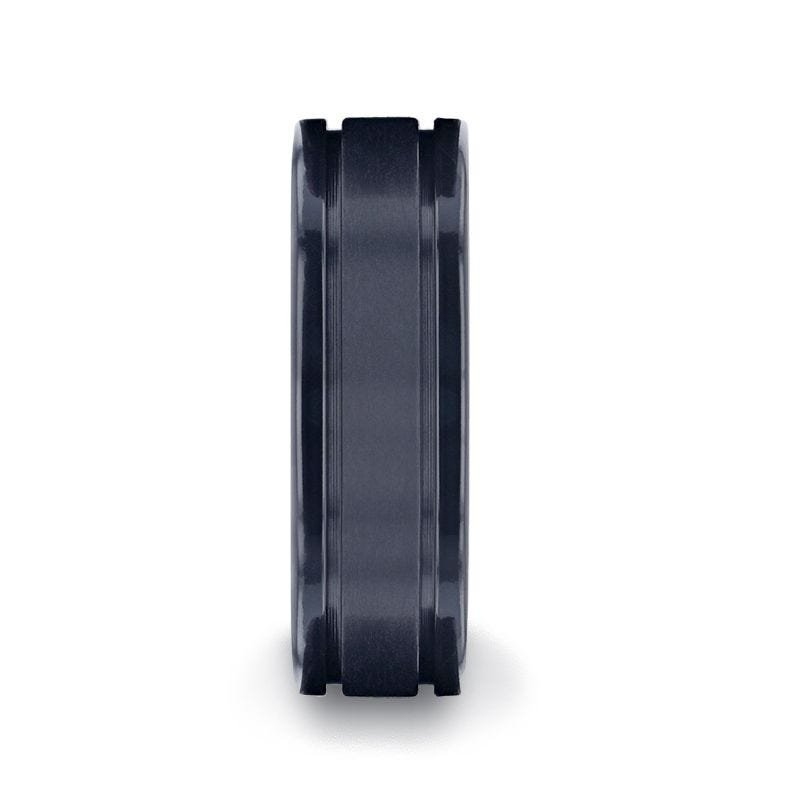Thorsten WOLVERINE Brushed Center Black Titanium Men's Wedding Band With Polished Dual Offset Grooves - 8mm Thorsten WOLVERINE Brushed Center Black Titanium Men's Wedding Band With Polished Dual Offset Grooves - 8mm