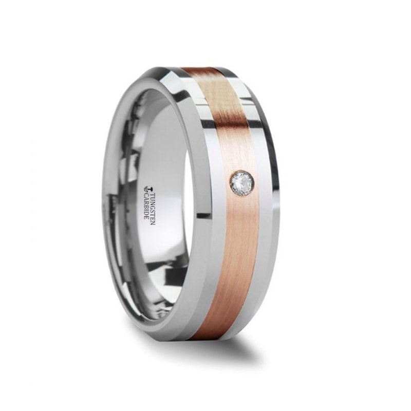 Thorsten ENZO Rose Gold Inlay Beveled Tungsten Ring with Diamond - 8mm