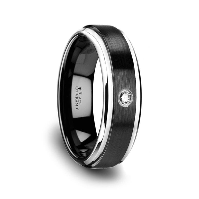 Thorsten MONARCH Black Ceramic Wedding Band with Diamond, Polished Beveled Step Edges, & Raised Brush Center - 6mm & 8mm Thorsten MONARCH Black Ceramic Wedding Band with Diamond, Polished Beveled Step Edges, & Raised Brush Center - 6mm & 8mm