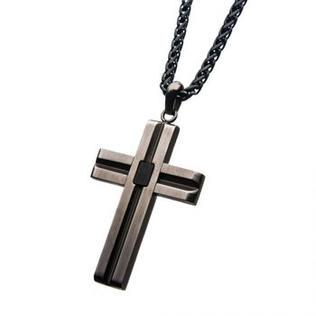 INOX Jewelry Stainless Steel Gold IP with Black CZ Jesus Christ
