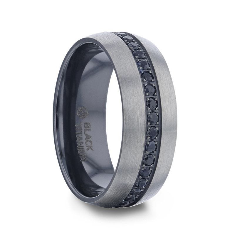 Thorsten AVIATOR Domed Brushed Titanium Men's Wedding Band with Black Sapphire Stones Inlay - 8mm Thorsten AVIATOR Domed Brushed Titanium Men's Wedding Band with Black Sapphire Stones Inlay - 8mm