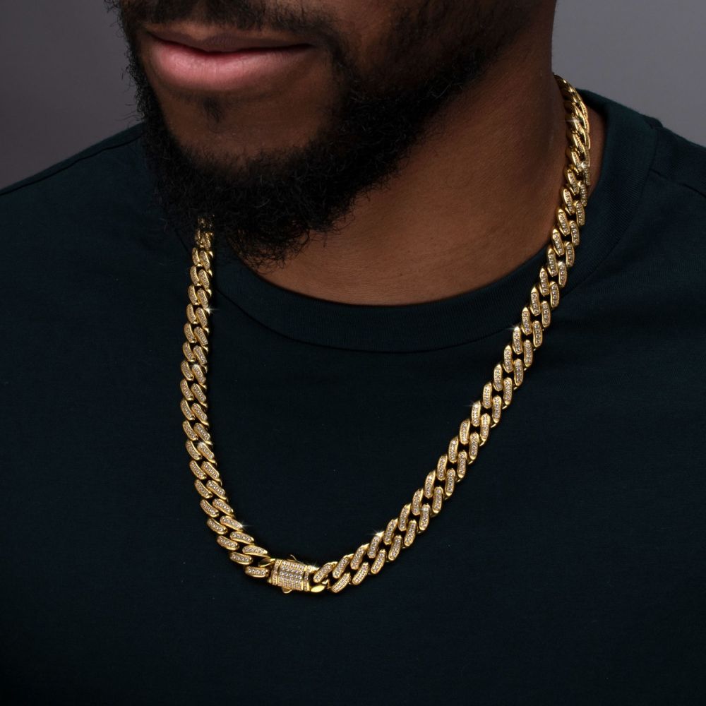 INOX Jewelry 12mm 18Kt Gold IP Miami Cuban Chain Necklace with CNC