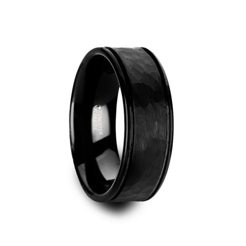 Thorsten JOINER Hammered Finish Center Black Tungsten Carbide Wedding Band with Dual Offset Grooves and Polished Edges - 6mm or 8mm Thorsten JOINER Hammered Finish Center Black Tungsten Carbide Wedding Band with Dual Offset Grooves and Polished Edges - 6mm or 8mm