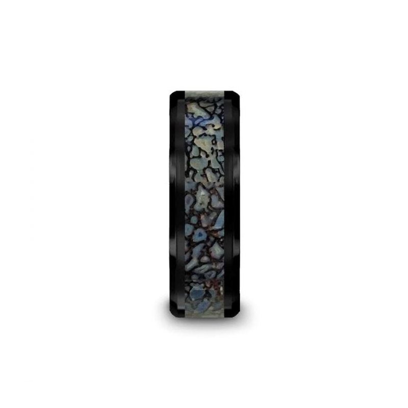 Thorsten PERMIAN Blue Dinosaur Bone Inlaid Black Ceramic Beveled Edged Ring - 4mm or 8mm Thorsten PERMIAN Blue Dinosaur Bone Inlaid Black Ceramic Beveled Edged Ring - 4mm or 8mm