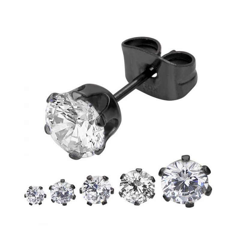 アクセサリー S.S INOX Jewelry Black IP Steel with Clear CZ Stud Earrings