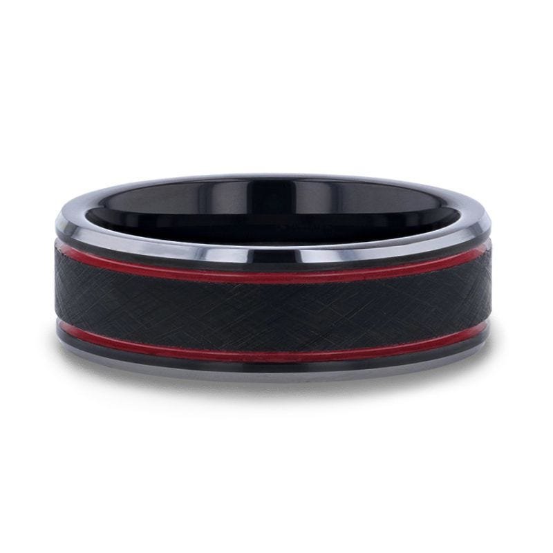 Thorsten OLIS Wire Finish Centered Black Tungsten Men's Wedding Band With Double Red Stripe Polished Beveled Edges Thorsten OLIS Wire Finish Centered Black Tungsten Men's Wedding Band With Double Red Stripe Polished Beveled Edges